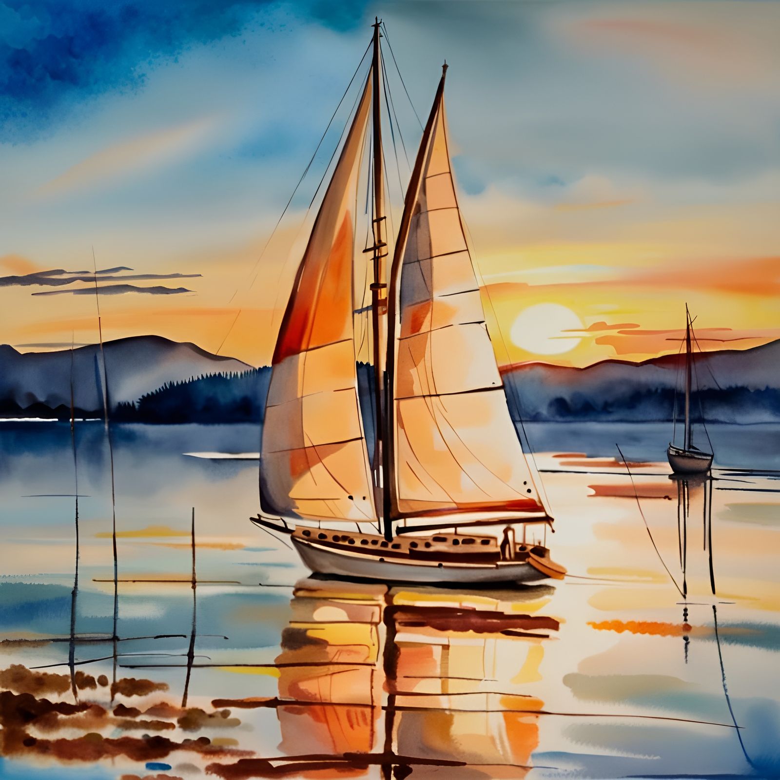 Scandinavian Fjord Sunrise: Watercolour Sailboat