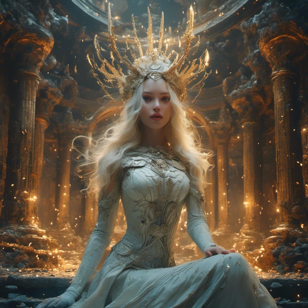 Cybernetic Shrine Goddess in Pixelated Amphitheater