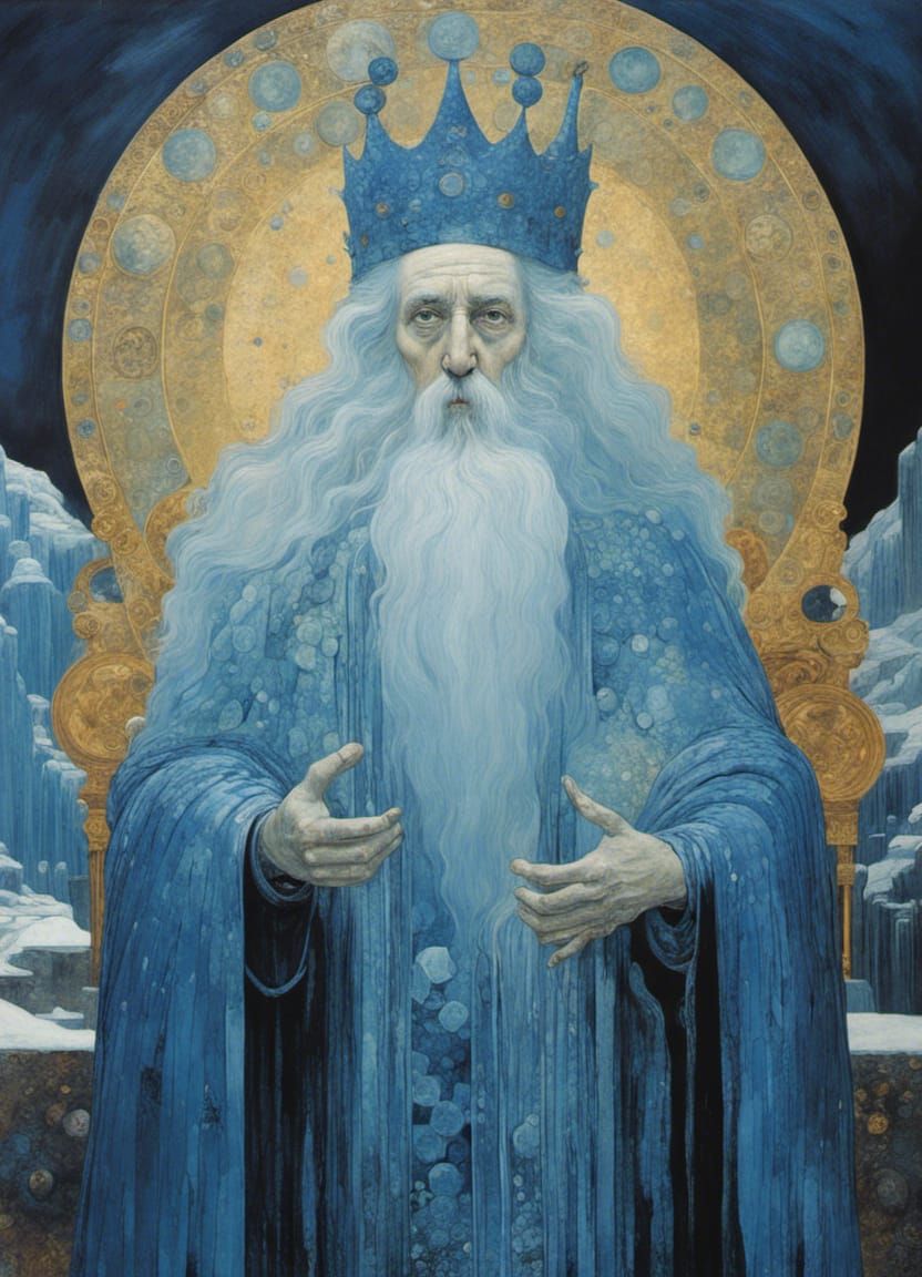 Ice Wizard in Ice Fortress, Klimt-Druillet Style