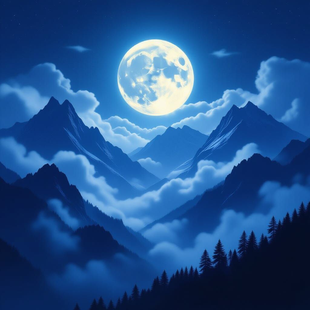 Dreamy Mountain Nightscape with Glowing Moon and Mist
