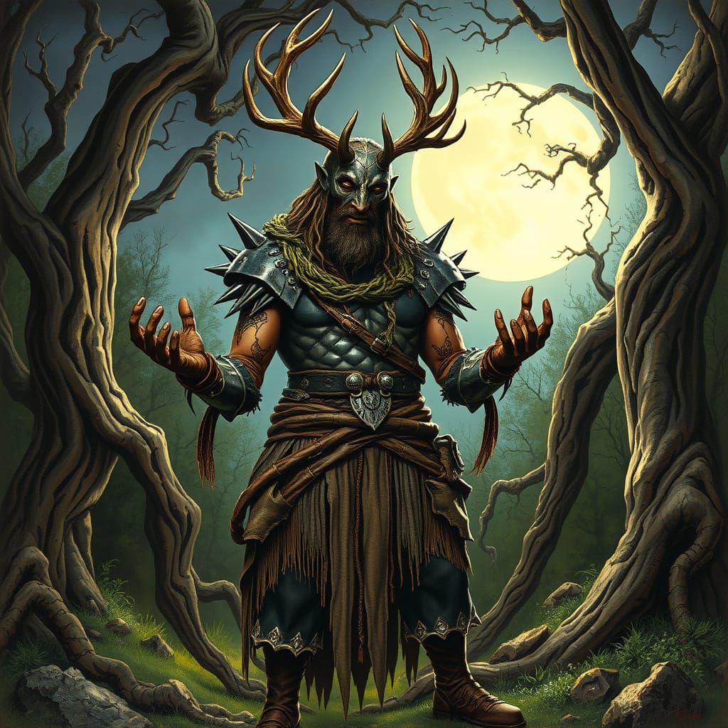Gothic Metal Druid in Moonlit Forest Clearing
