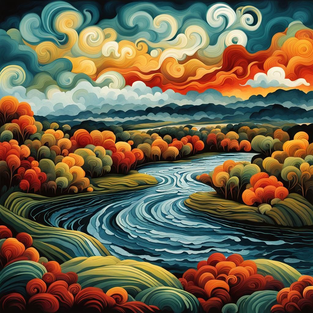 Dramatic Riverside Landscape in Digital Watercolor