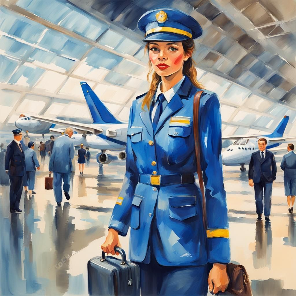 Girl in Blue Uniform in Gouache Style