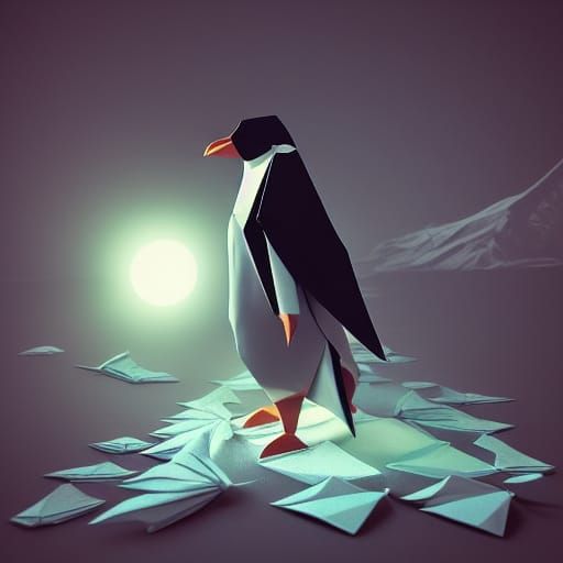 Detailed Origami Penguin in Chiaroscuro Style