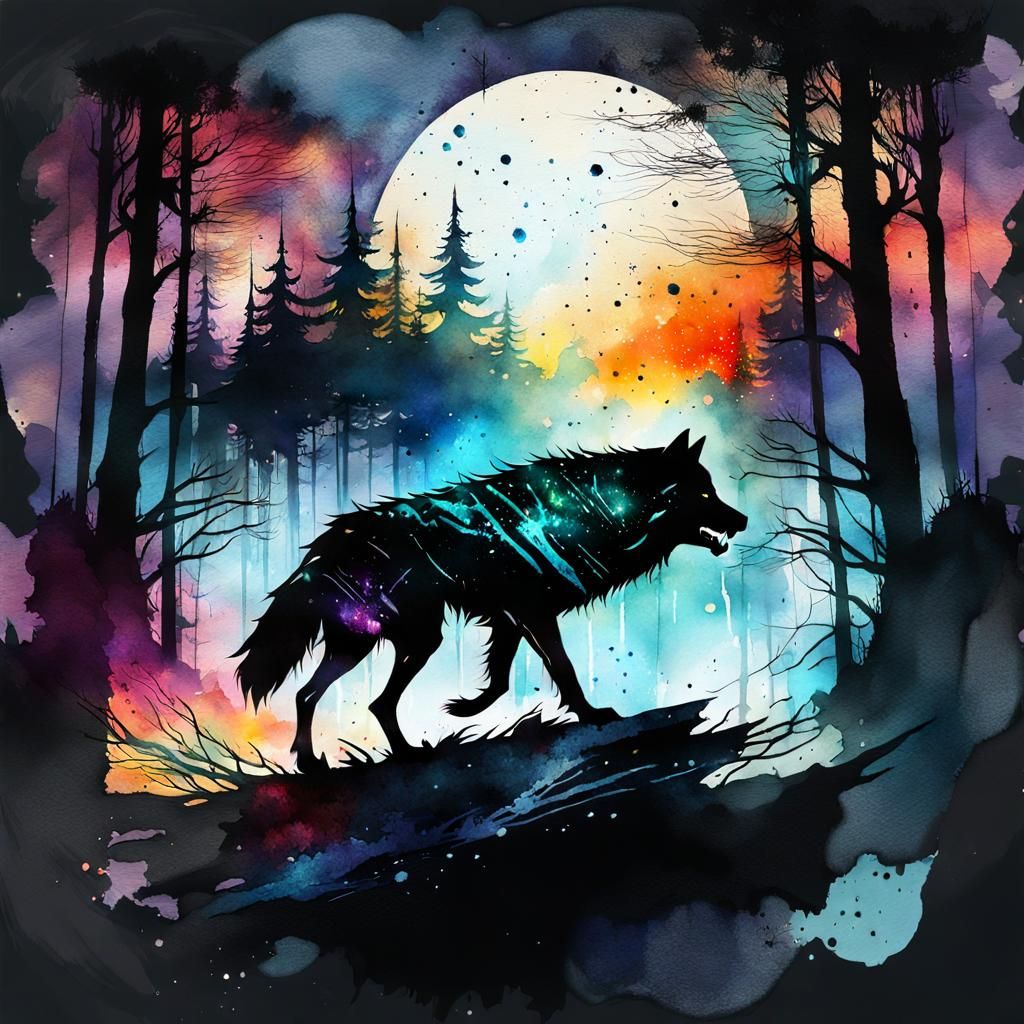 Watercolor Wolf Silhouette in Dark Forest