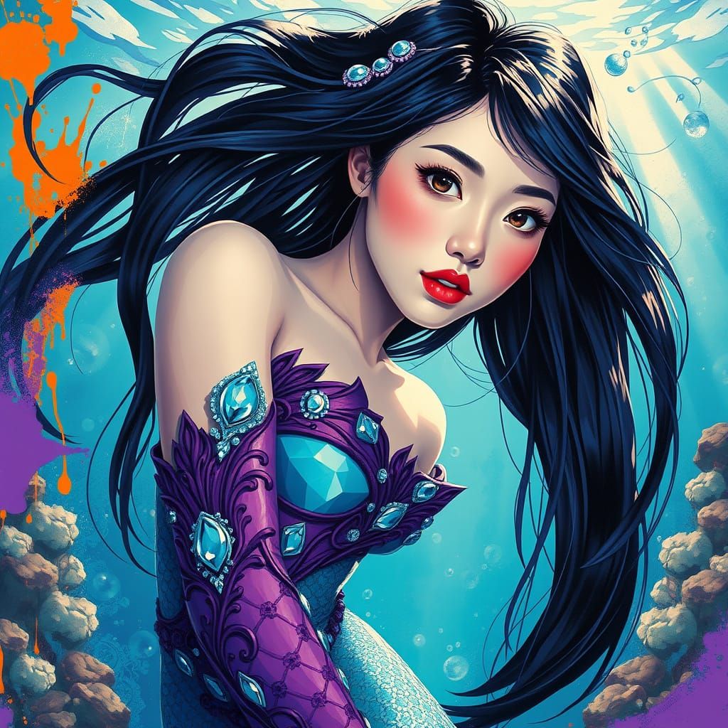 Korean Mermaid in Underwater Graffiti Art Style
