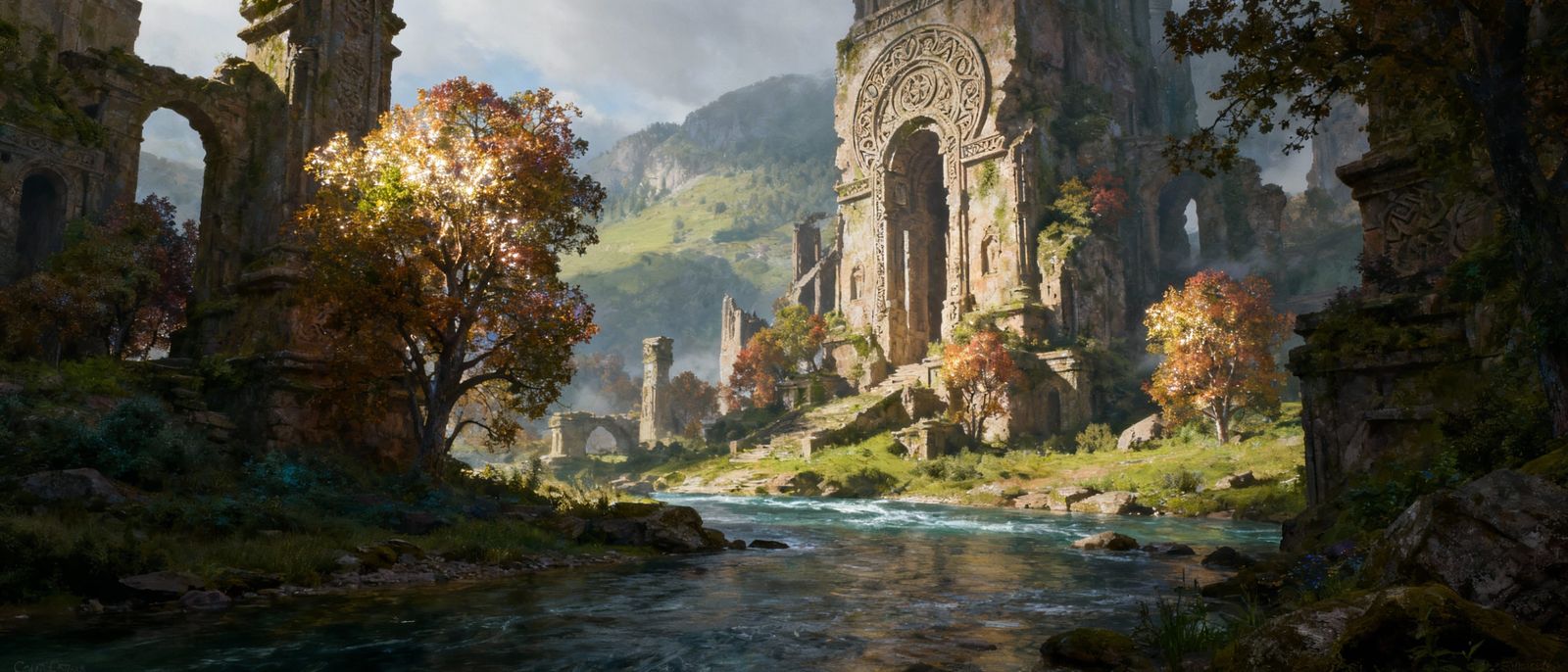 Myst-Inspired Ancient Ruins with Glistening Trees and River