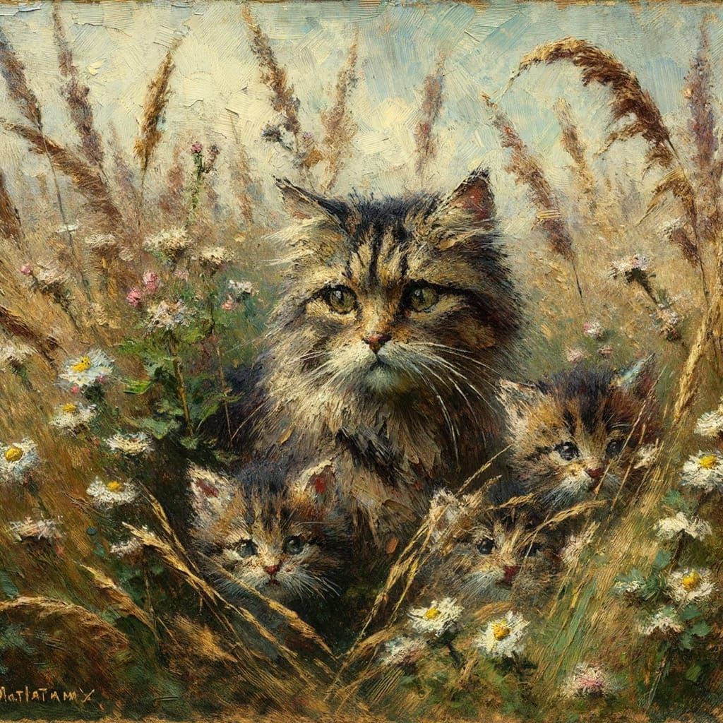 Impressionistic Oil Painting of Cat and Kittens