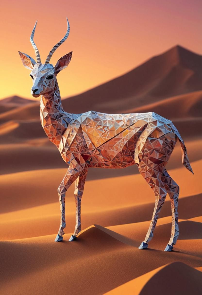 Gazelle in Desert Sunrise: Origami Digital Art