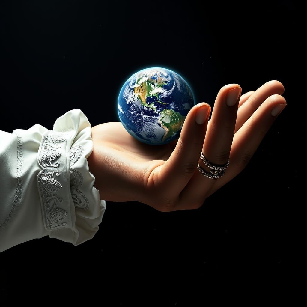 Giant Hand in Space Holding Earth: Surreal Art