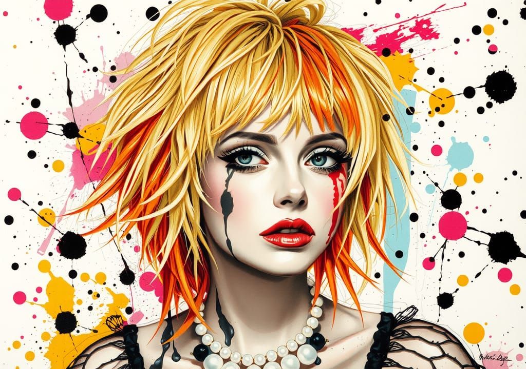 Abstract Portrait with Ink Splatter Collage in Pop Art Style