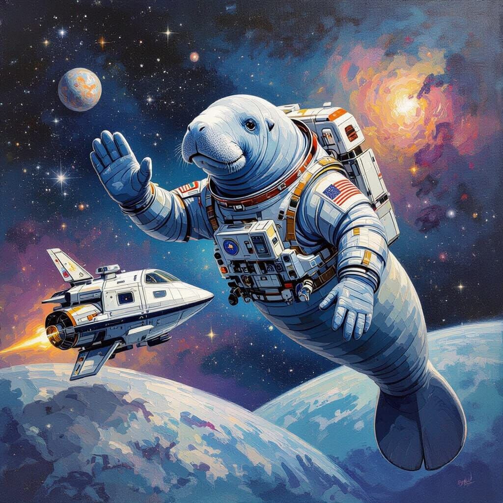 Manatee in Spacesuit Waves During Spacewalk