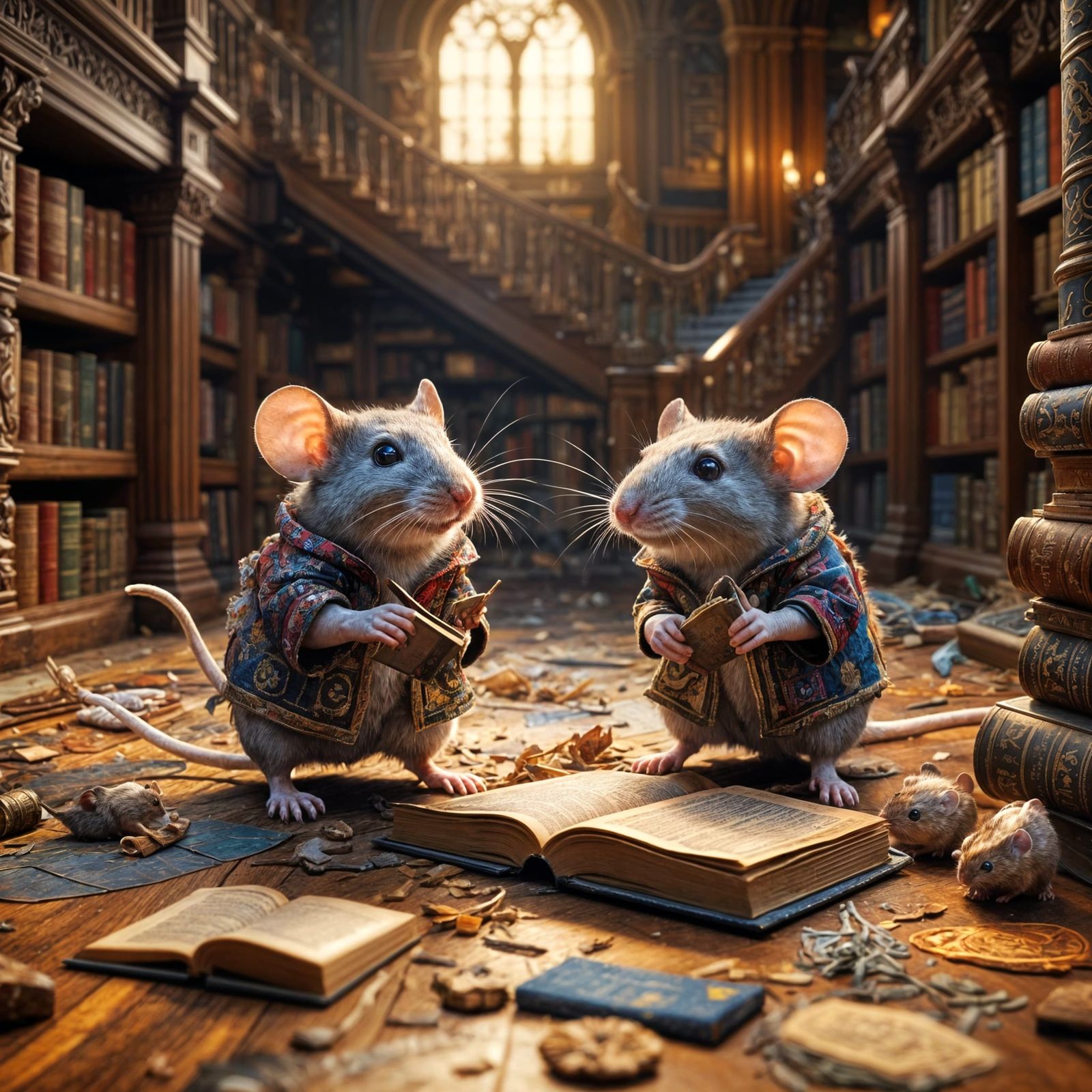 Whimsical Mice Rampage in an Elegant Library