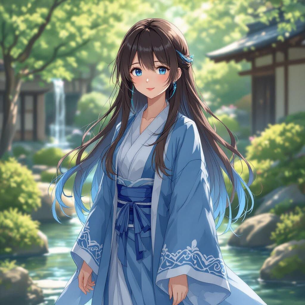 Anime Girl in Japanese Garden, Cel-Shaded Style