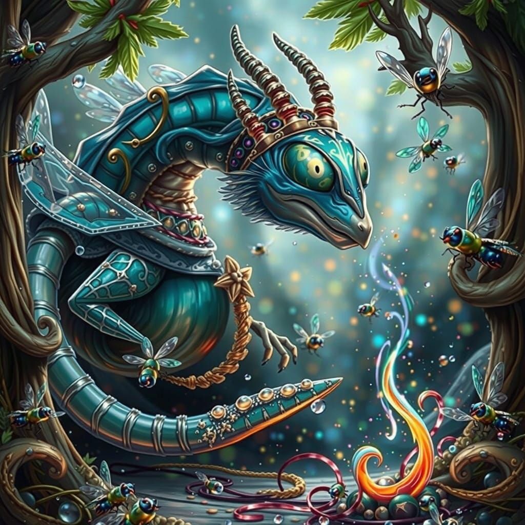 Majestic Firefly in Dreamlike Snowglobe Scene, Digital Anime...