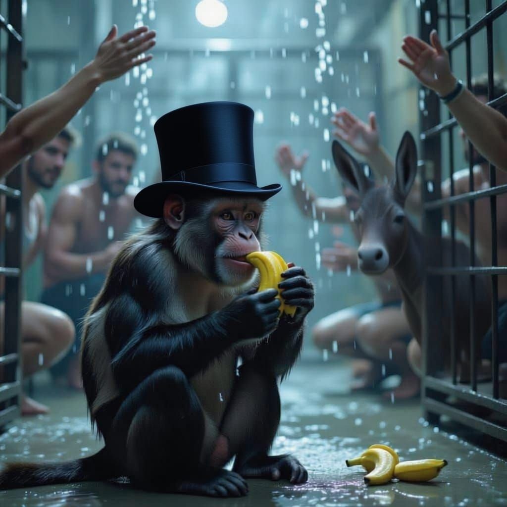 Monkey Eating Banana in Cage Amidst Water Attack