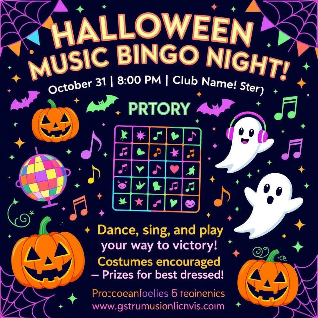 Halloween Music Bingo Night Flyer with Neon Glow
