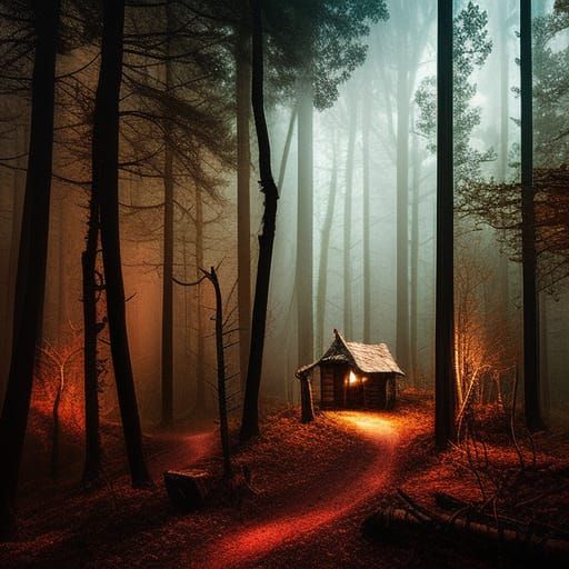Hansel and Gretel Lost in Spooky Dark Fantasy Forest