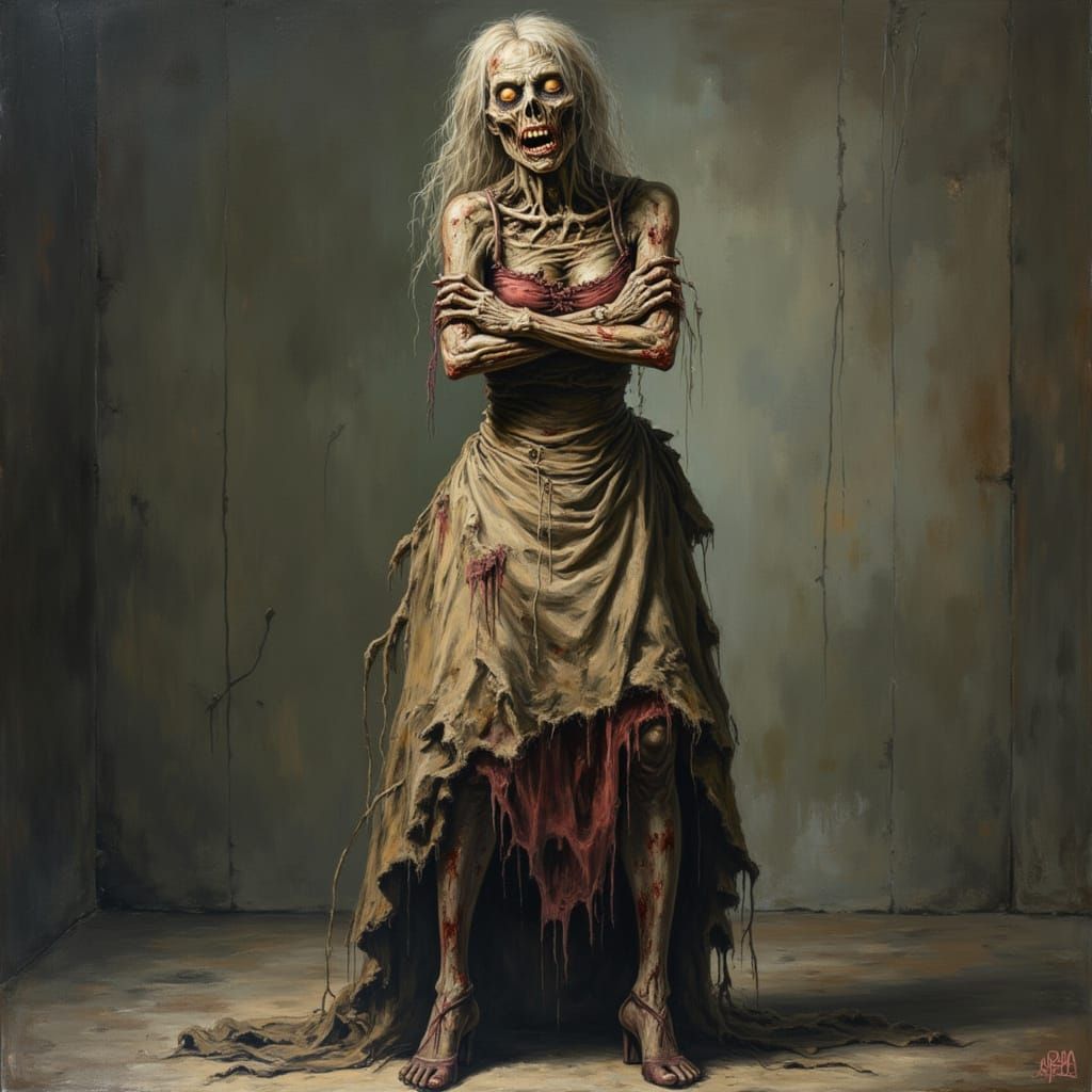 Elegant Zombie in Evening Gown with Apron and High Heels