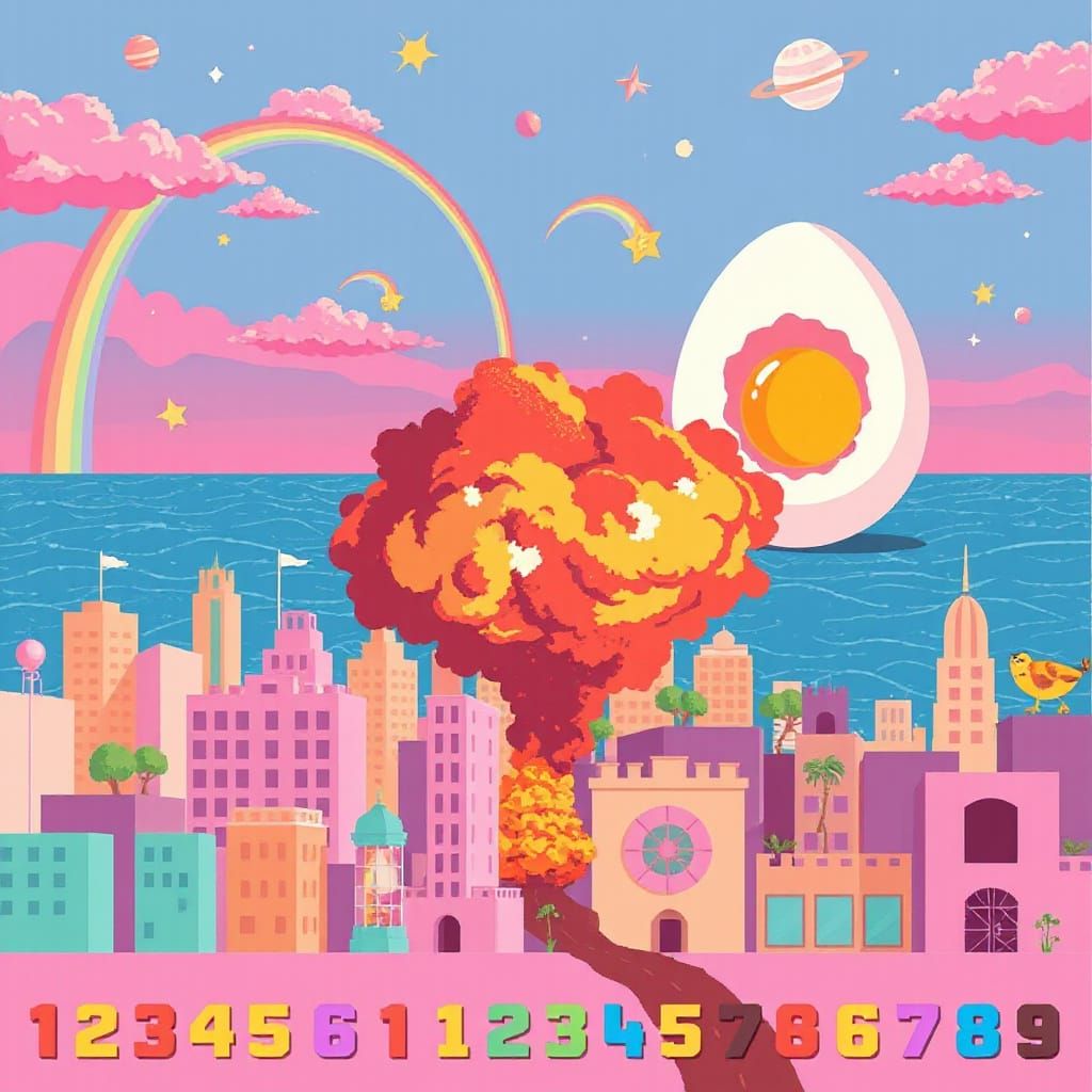 Vibrant Pixel Art Cityscape with Explosion