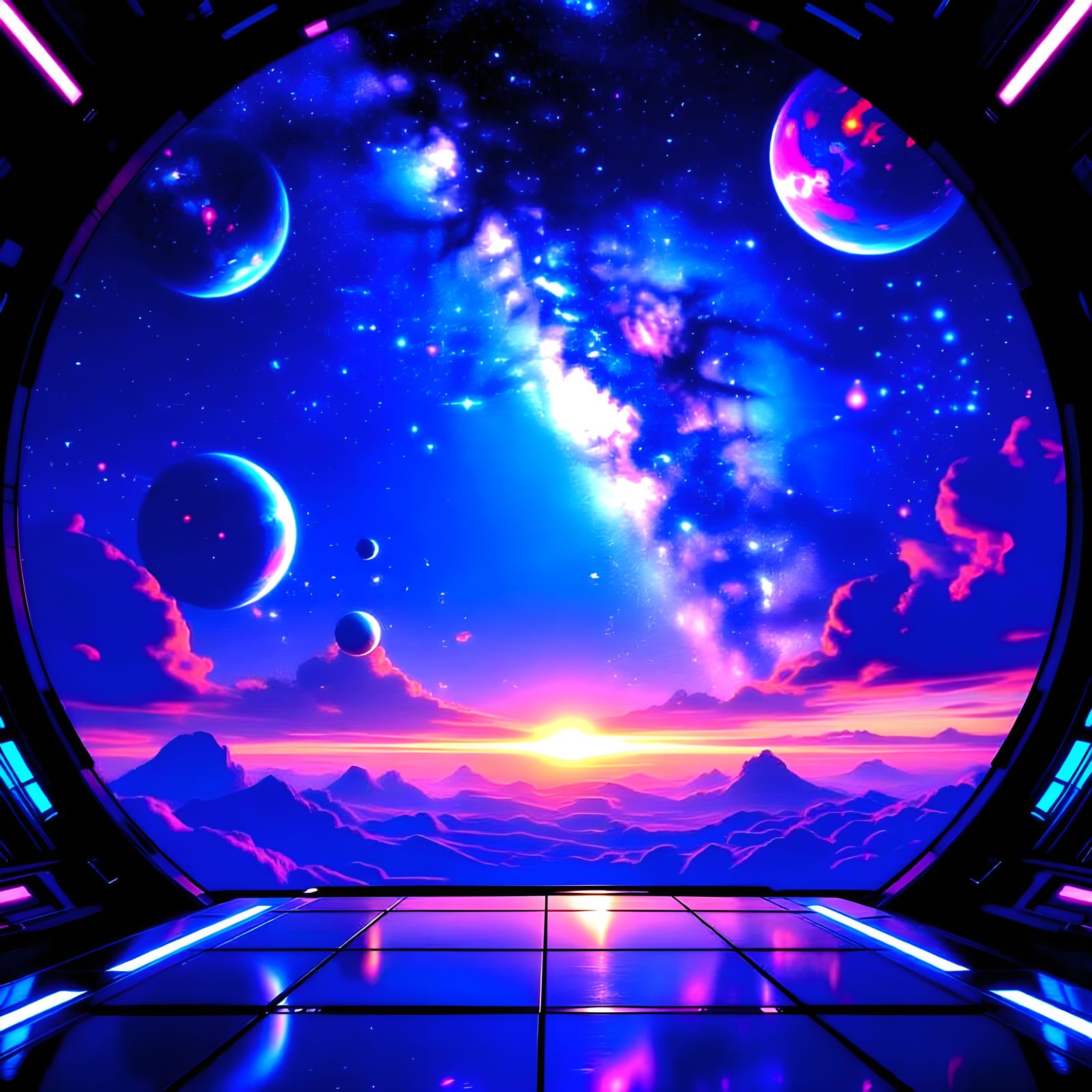 Neon Planets Reflect in Starry Celestial Sky