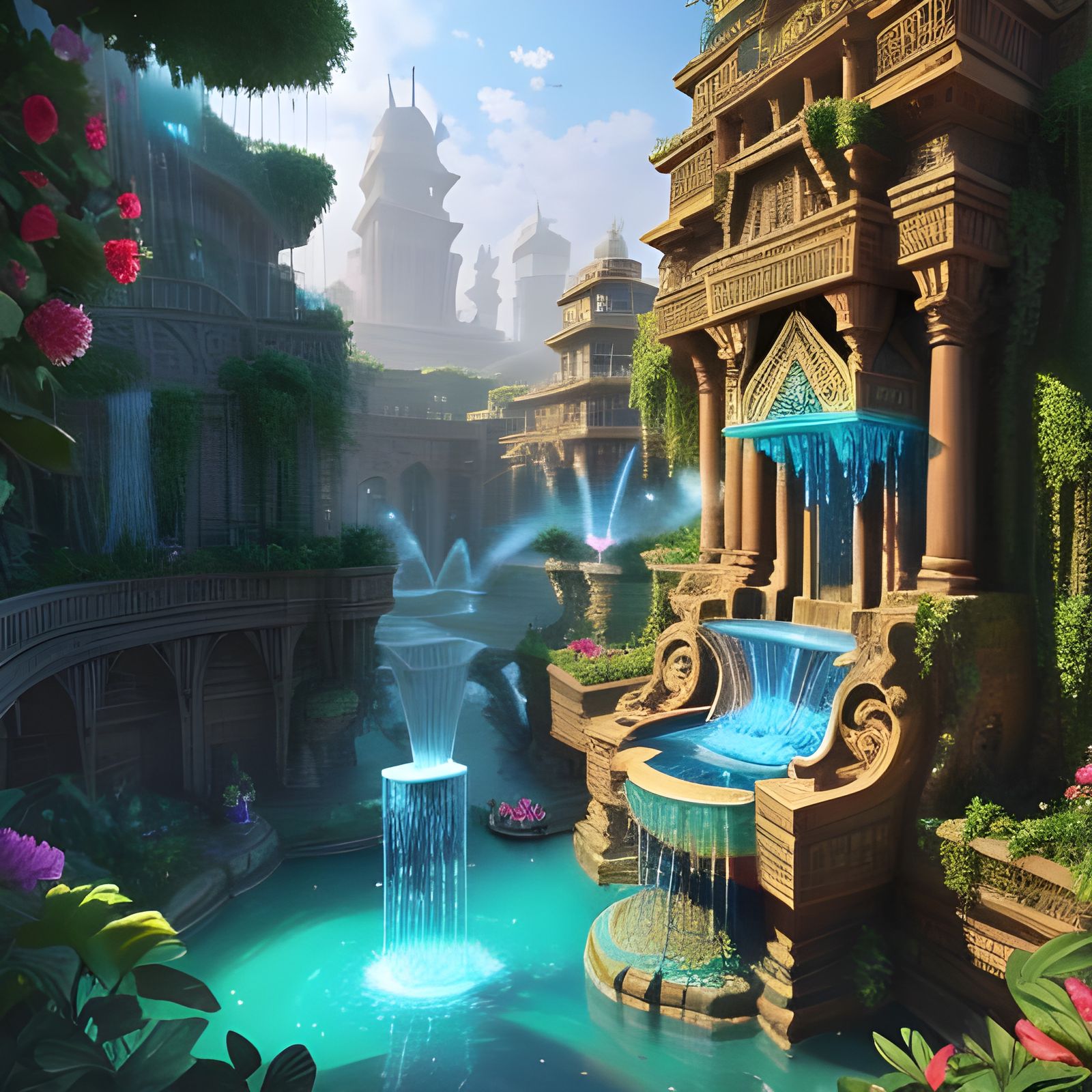 Hanging Gardens of Babylon with Colourful Water Fountains