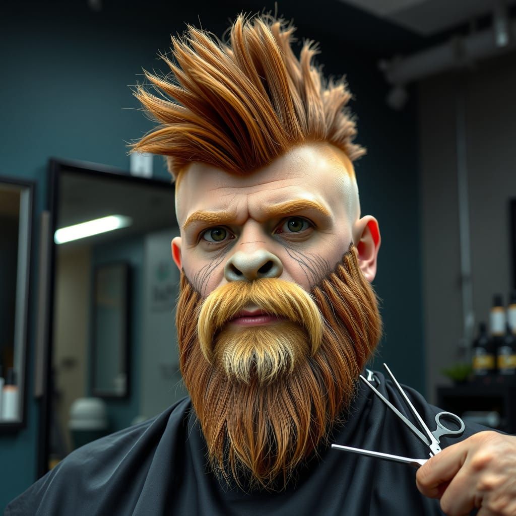 Anthropomorphic [Bigfoot/Sasquatch's] head,having a haircut in a barber shop setting.he is Male, mid-20s,light brown, he...