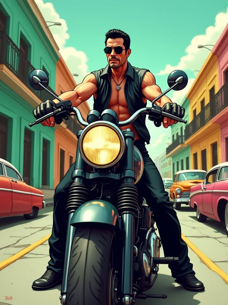Biker Rides Harley in Havana, Comic Book Style