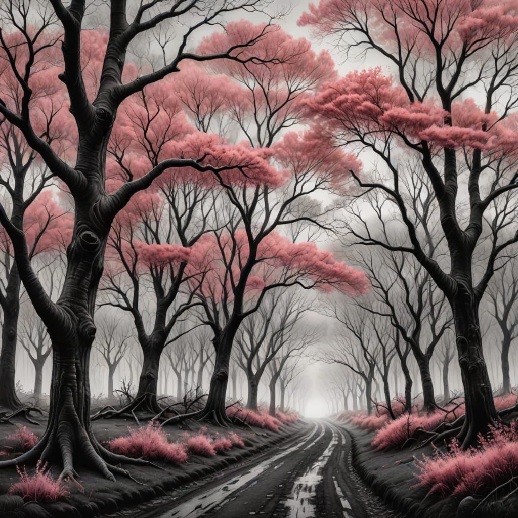 Black and White Landscape with Pink Trees in Charcoal