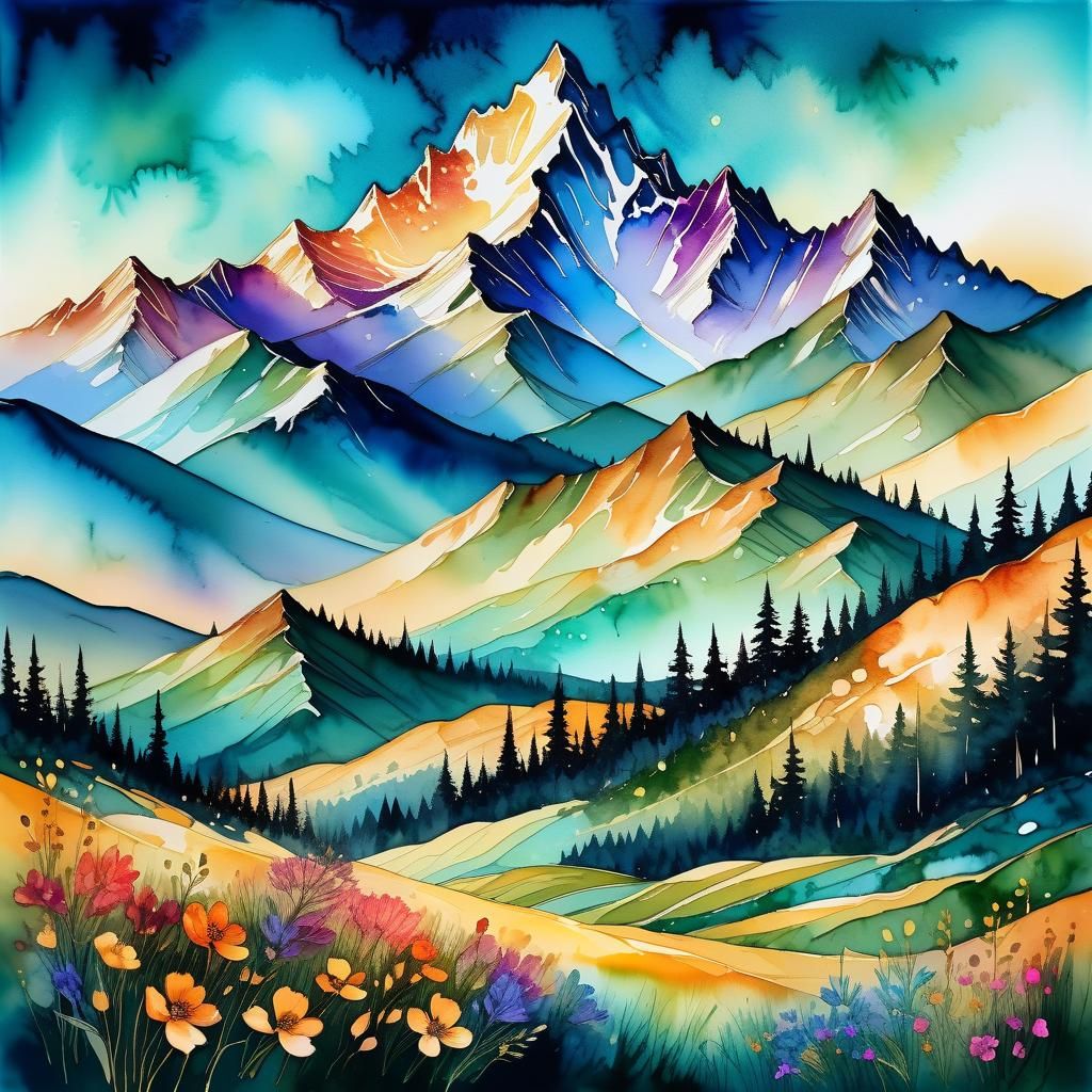 Mountain Forest Landscape at Sunset in Alcohol Ink