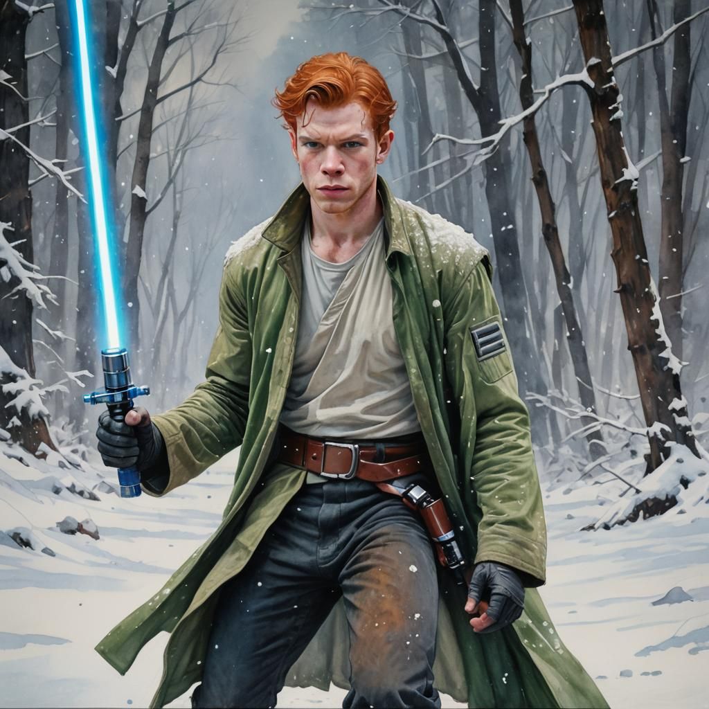 Redhead Man with Lightsaber in Watercolor Style