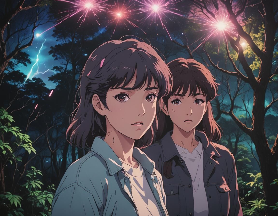 screenshot from an 80s anime episode, 1980s, lesbian couple standing in nature at night, 3d distortion shattering face i...