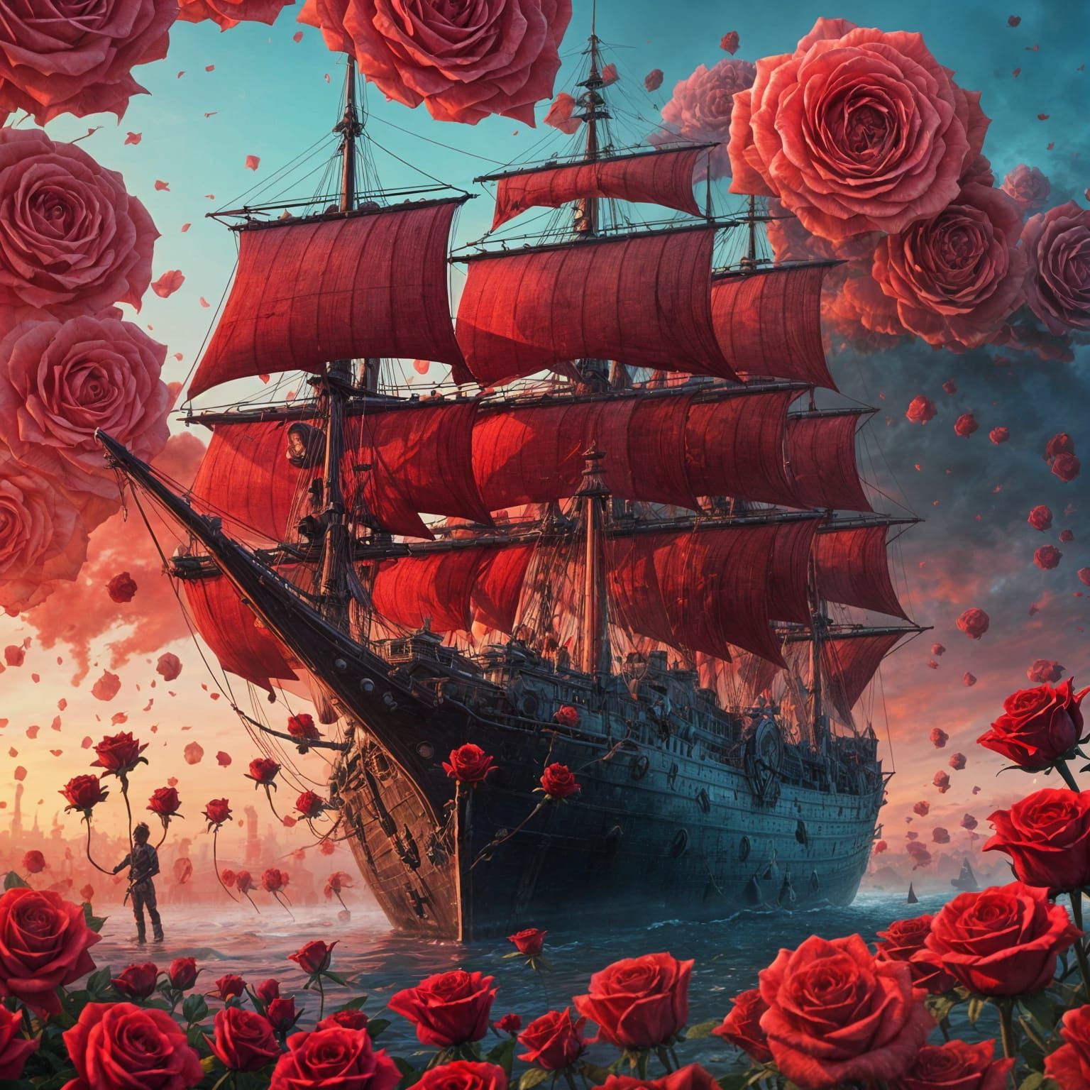 Cyberpunk Sailing Ship Amid Red Roses