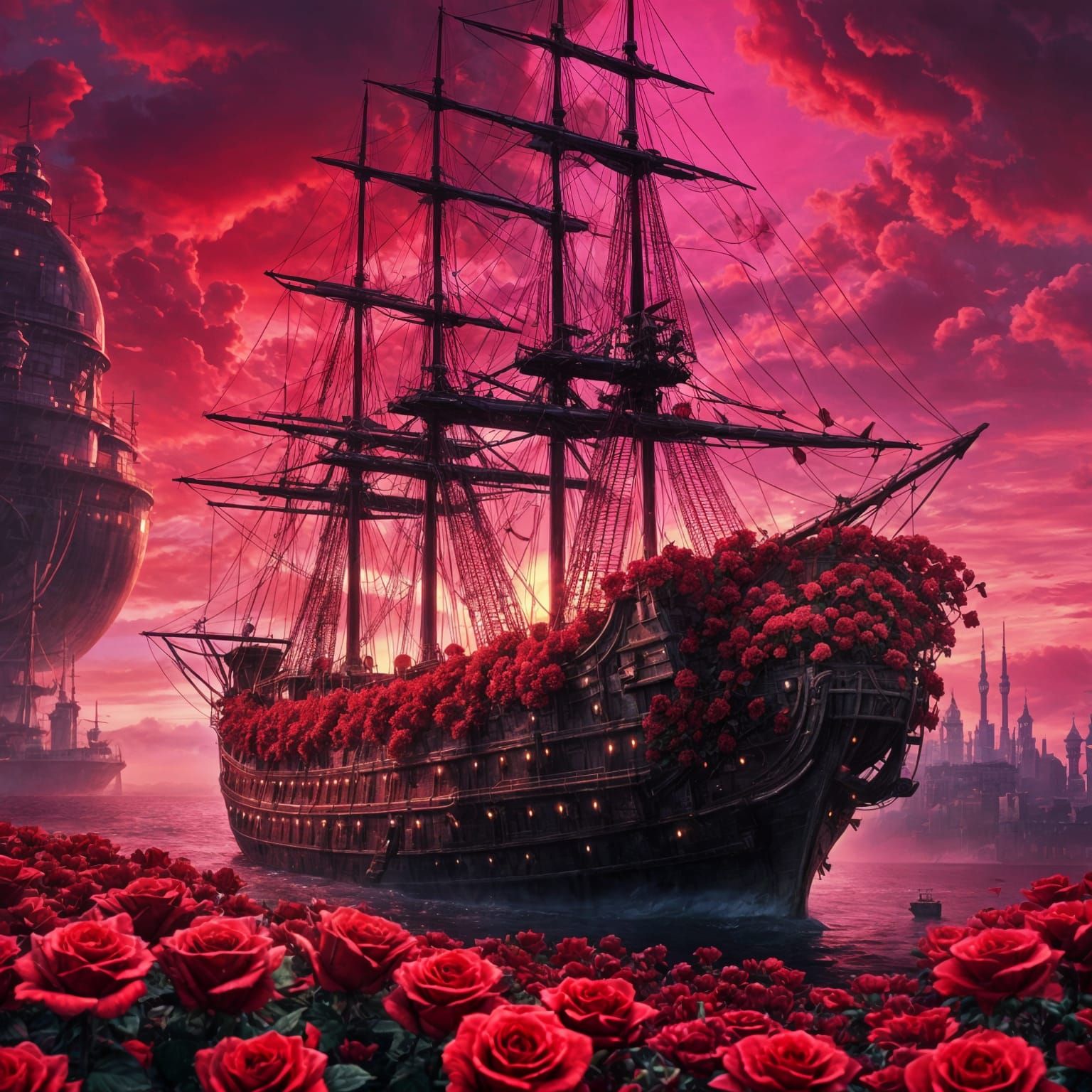 Cyberpunk Sailing Ship in Rose Field: Detailed Matte Paintin...