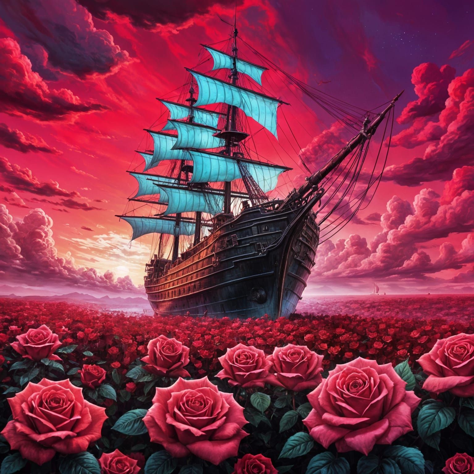 Cyberpunk Sailing Ship in Field of Roses