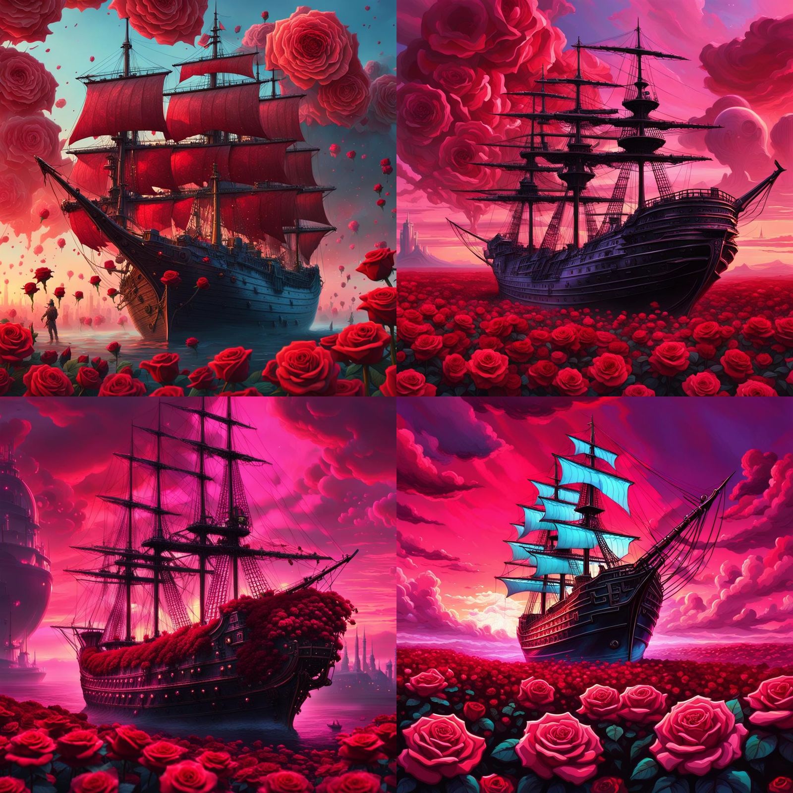 Cyberpunk Sailing Ship Amidst Red Roses, Pink Sky