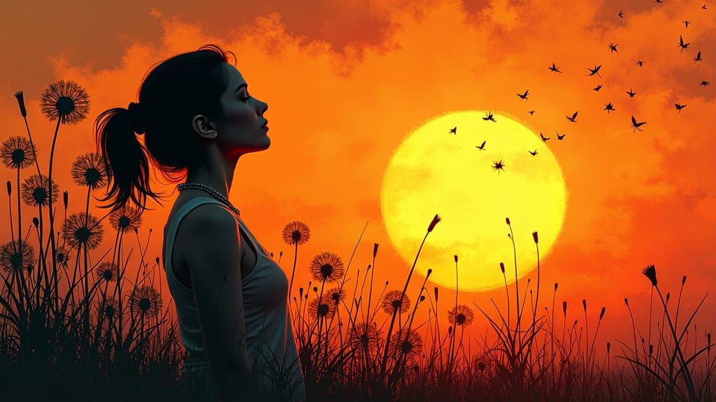 Surreal Woman of Dusk with Ephemeral Dandelions