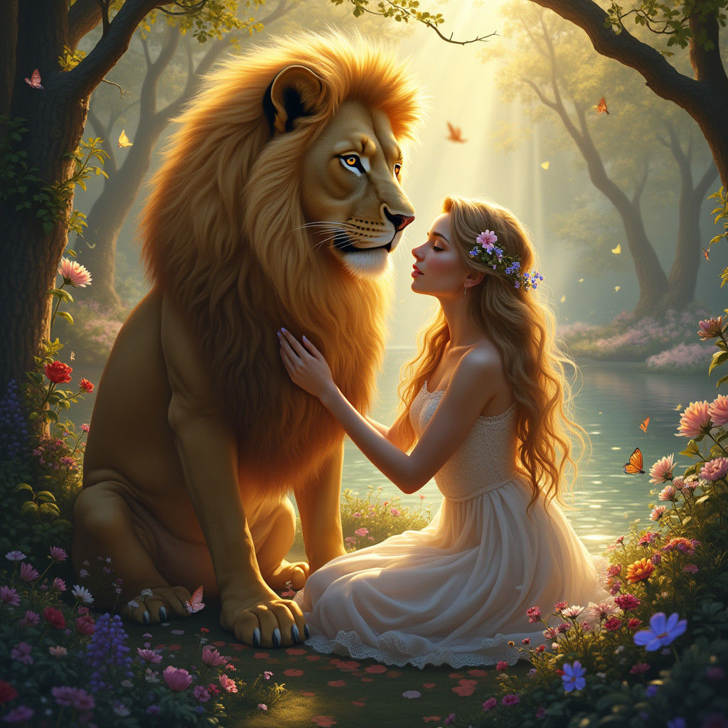 Lion and Nymph in Enchanted Forest