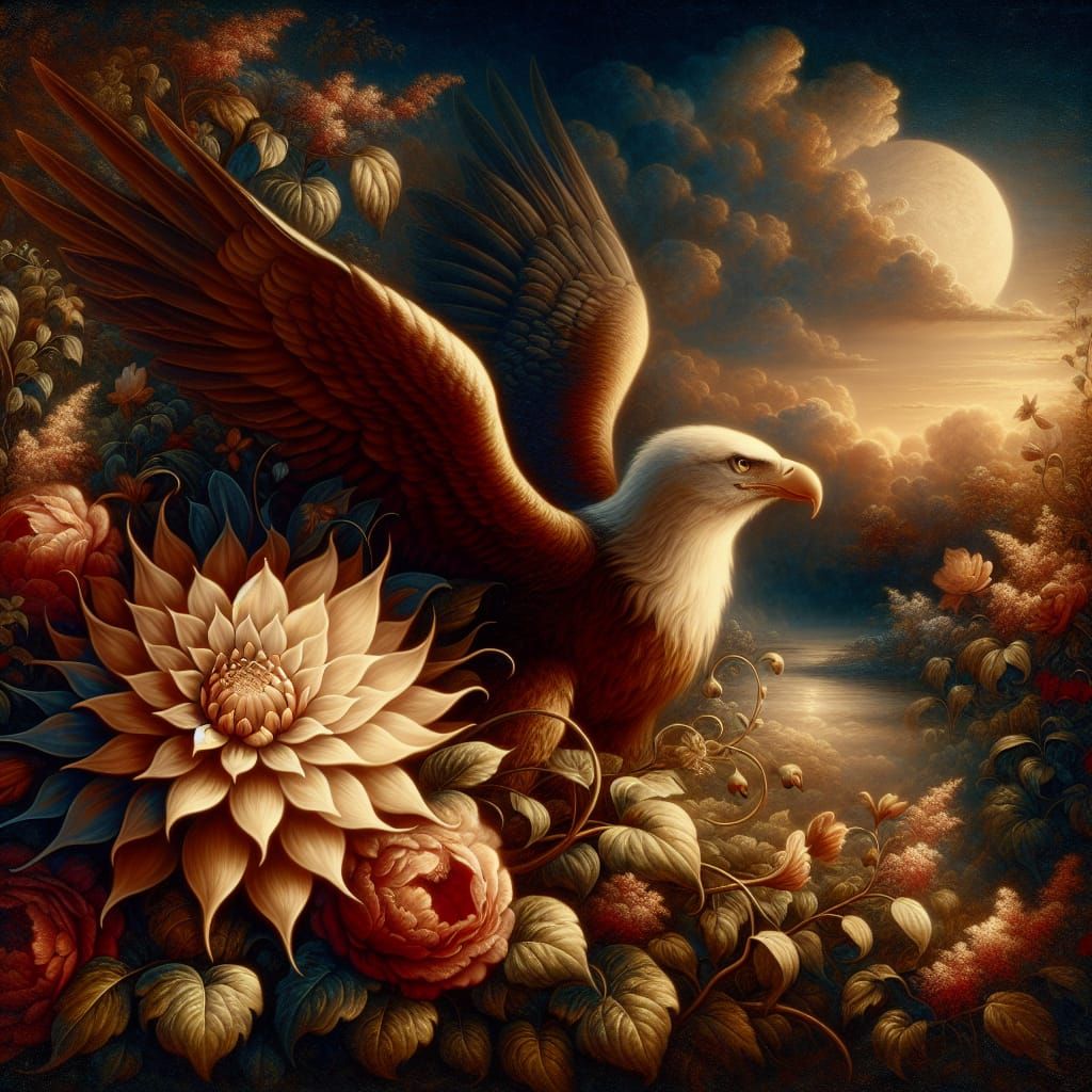 Eagle and Flower Against Evening Sky as Oil Painting