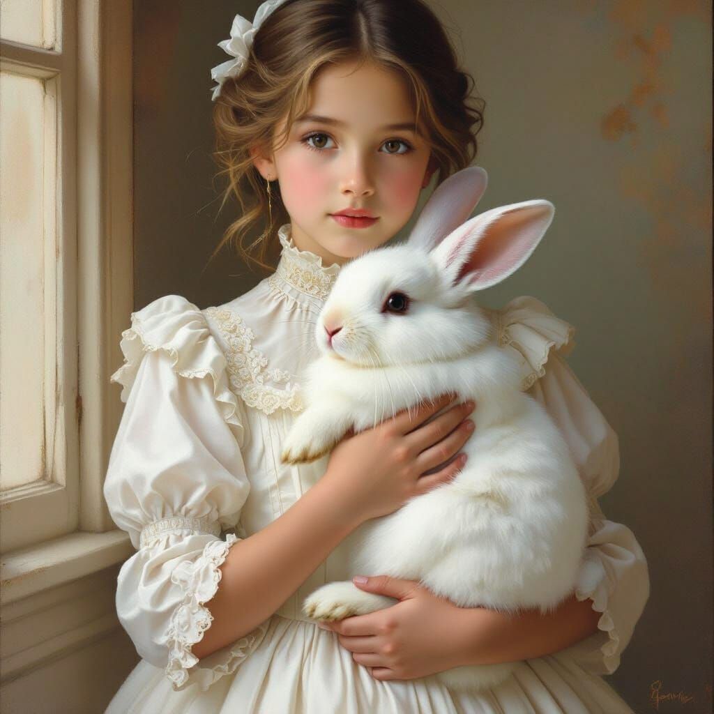 Victorian Girl with White Rabbit Oil Painting