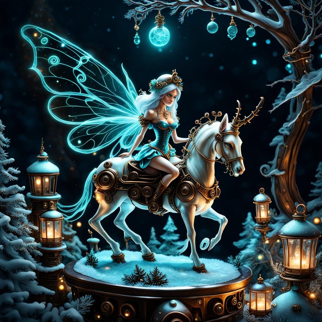 Bioluminescent Fairy-Tale Christmas Wonderland with Steampun...