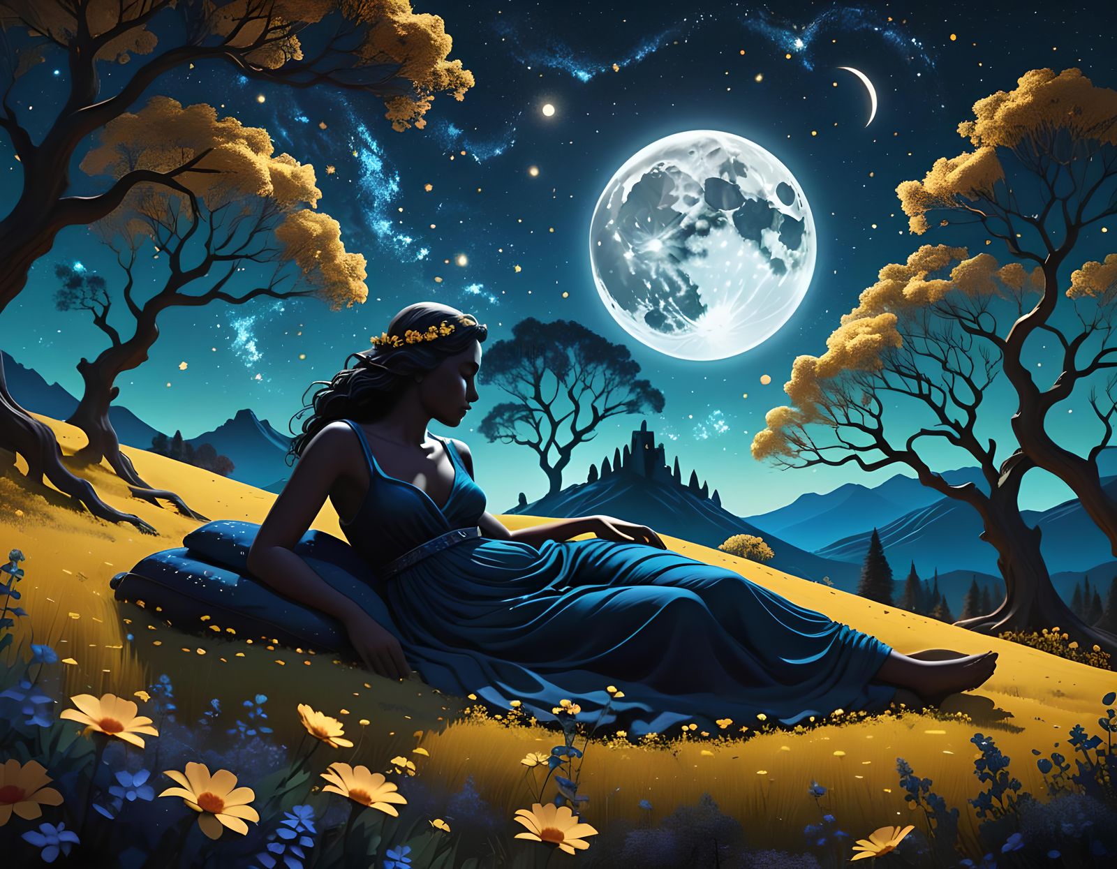 Giant Woman Sleeping Silhouette Under Starry Sky