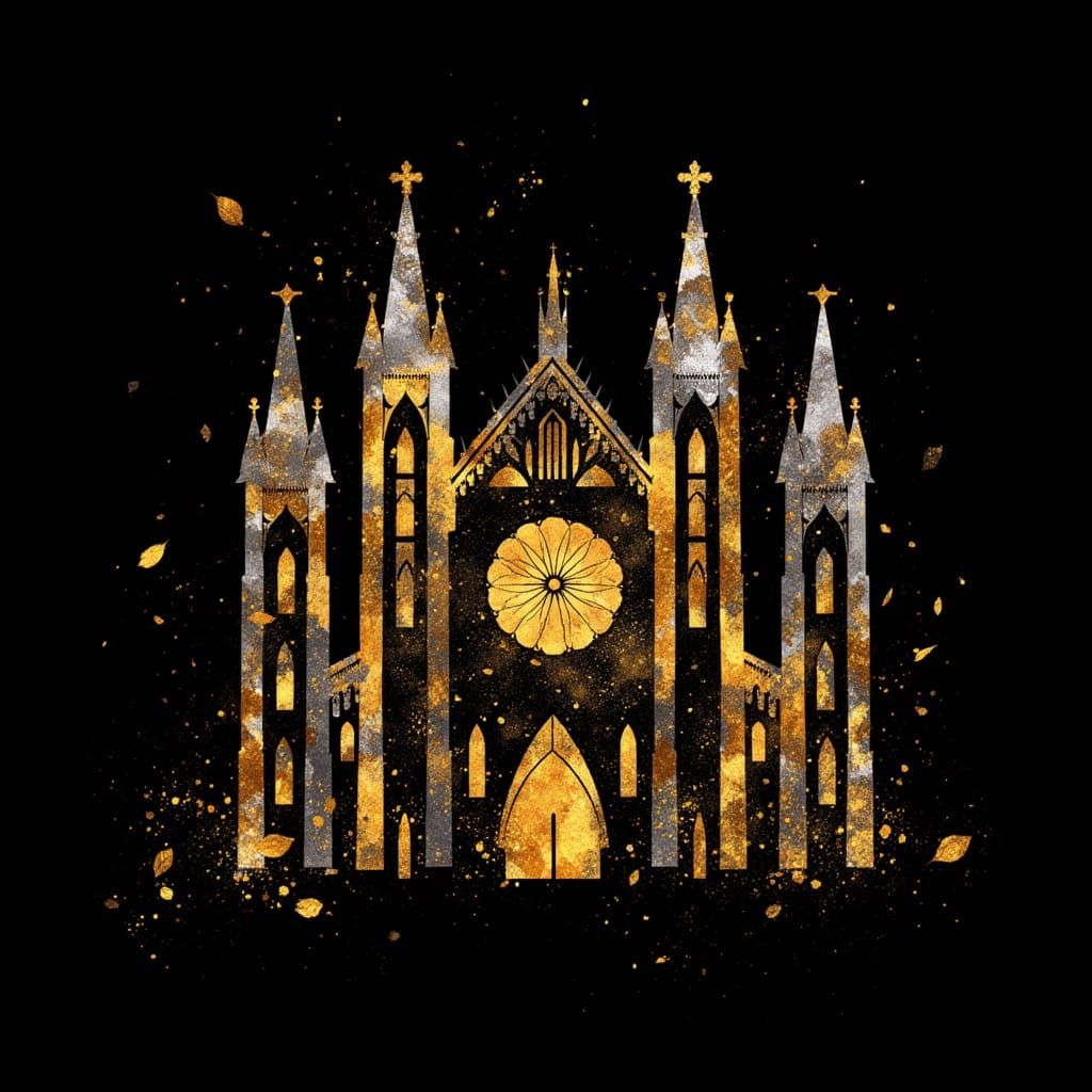 Gothic Cathedral Facade in Gold and Silver Leaf
