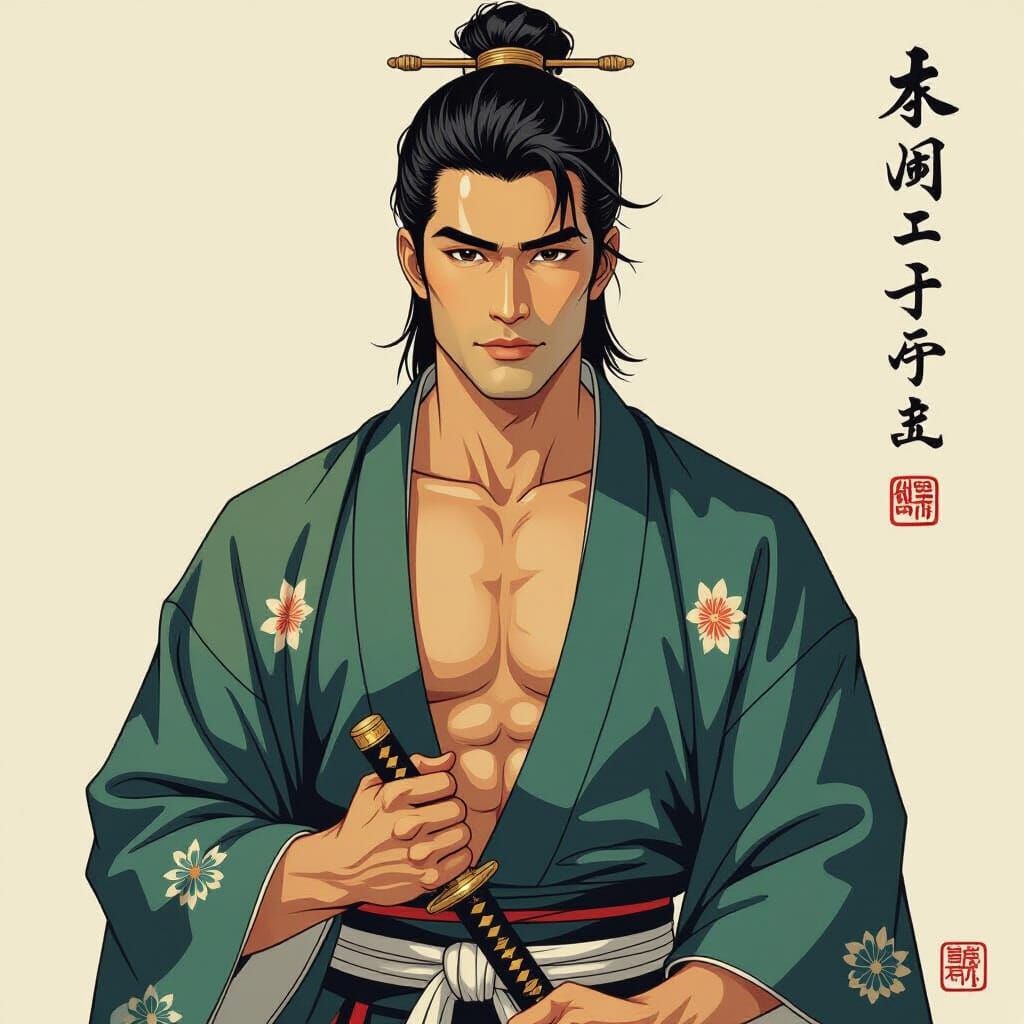 Elegant Japanese Man in Yamato-e Painting Style