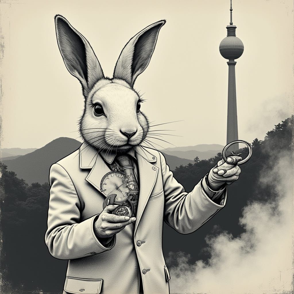 Grunge Rabbit with Broken Watch: Tattoo Art