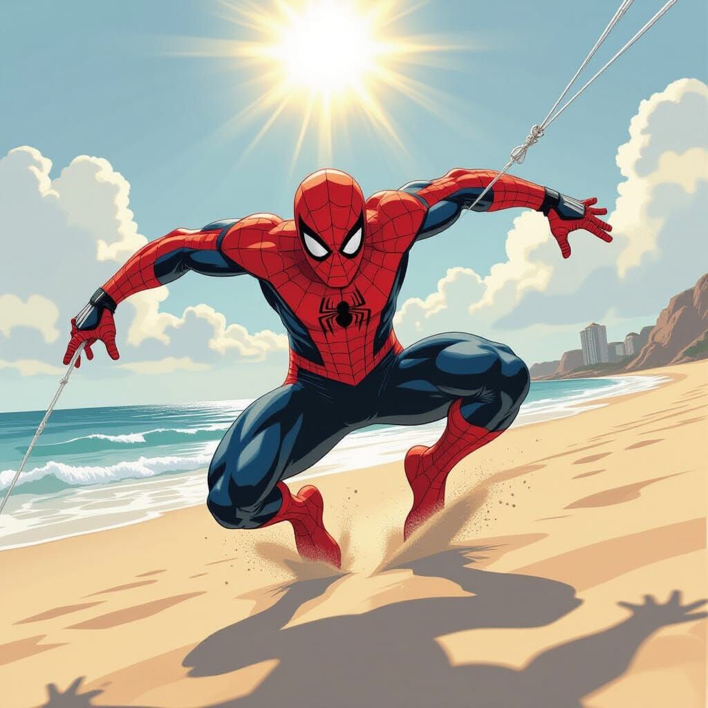 Spider-Man Leaps Across Sandy Marina in Comic Style
