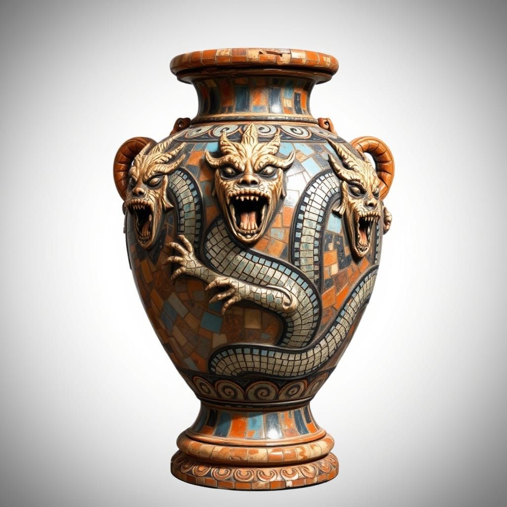 Ancient Greek Hydra Mosaic on Weathered Grecian Urn