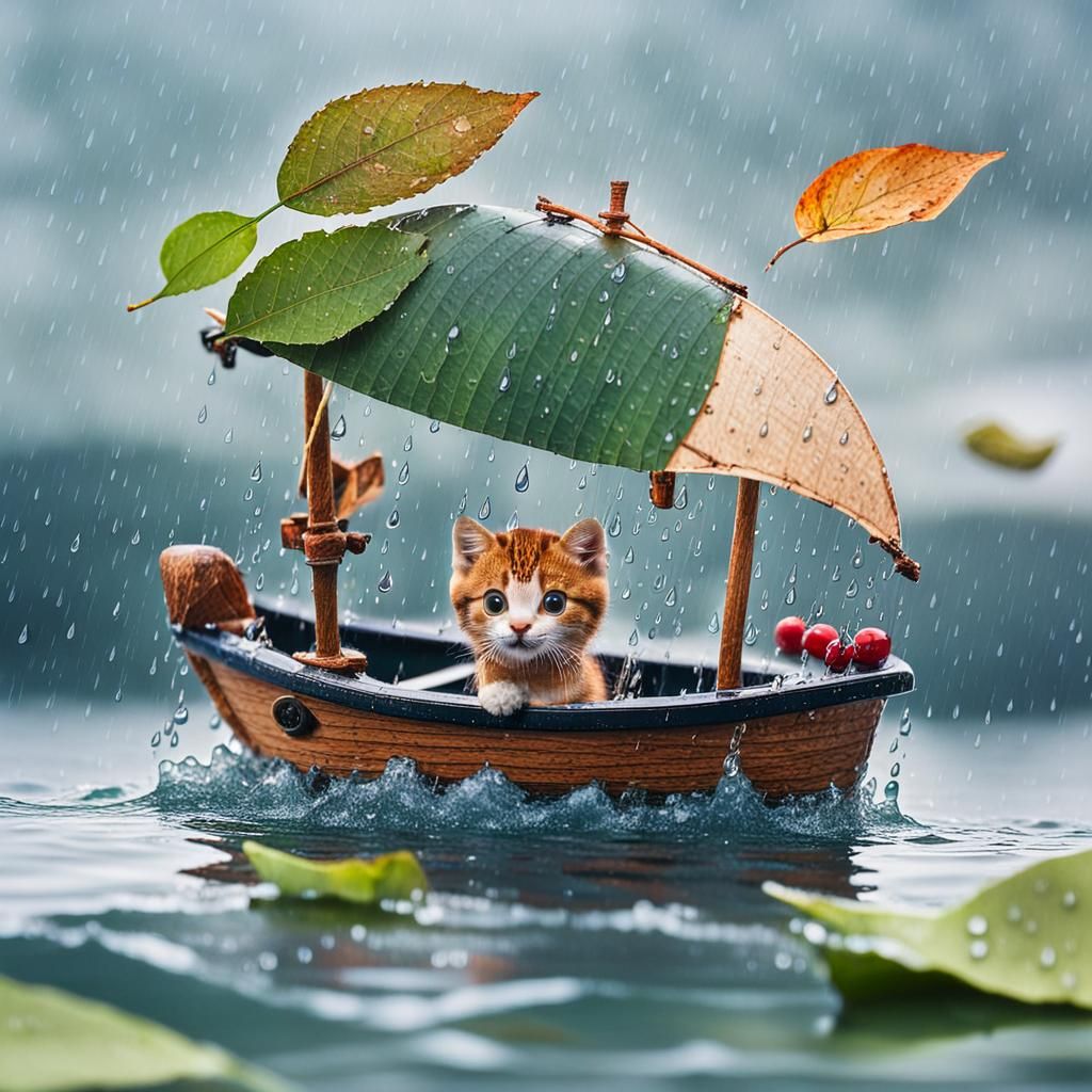 Small Cat Sails the Rainy Seas in Nutshell Boat
