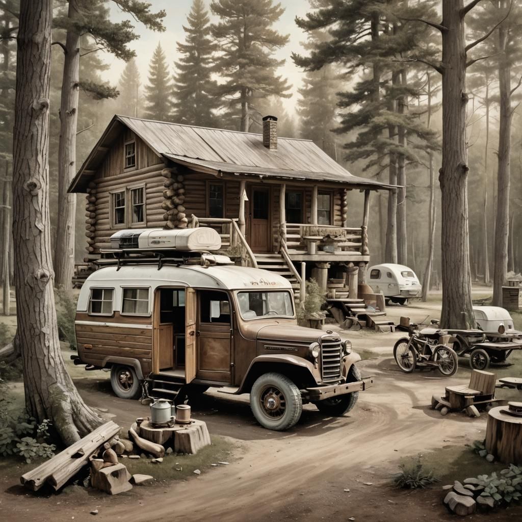 Vintage Log Cabin Scene with Old Lady