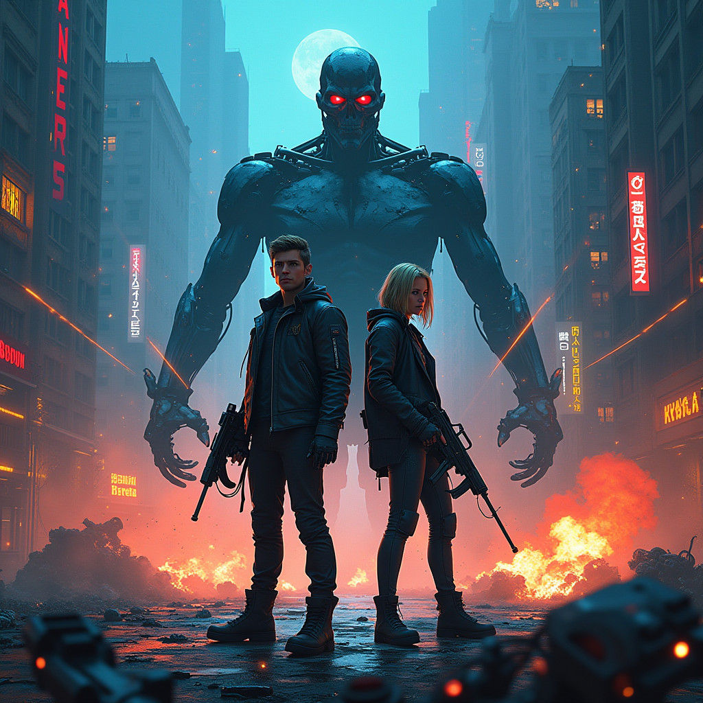 Cyberpunk Cityscape at Dusk with Robotic Uprising